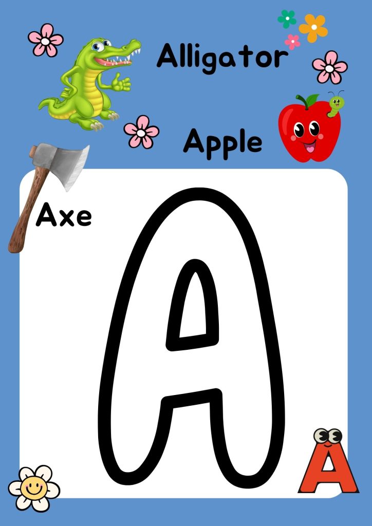 Alphabet letter A uppercase activity sheet, cute and Childish