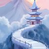 A serene snowy mountain with an ancient pagoda, minimalist fantasy style wallpaper