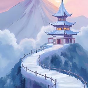 A serene snowy mountain with an ancient pagoda, minimalist fantasy style wallpaper