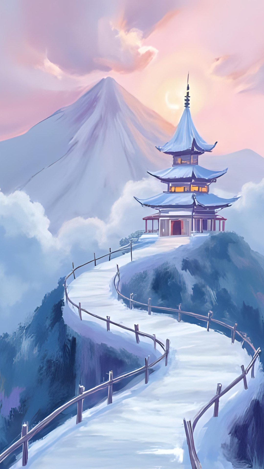 A serene snowy mountain with an ancient pagoda, minimalist fantasy style wallpaper