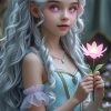 A fantasy girl with long silver curls, pale pink eyes,