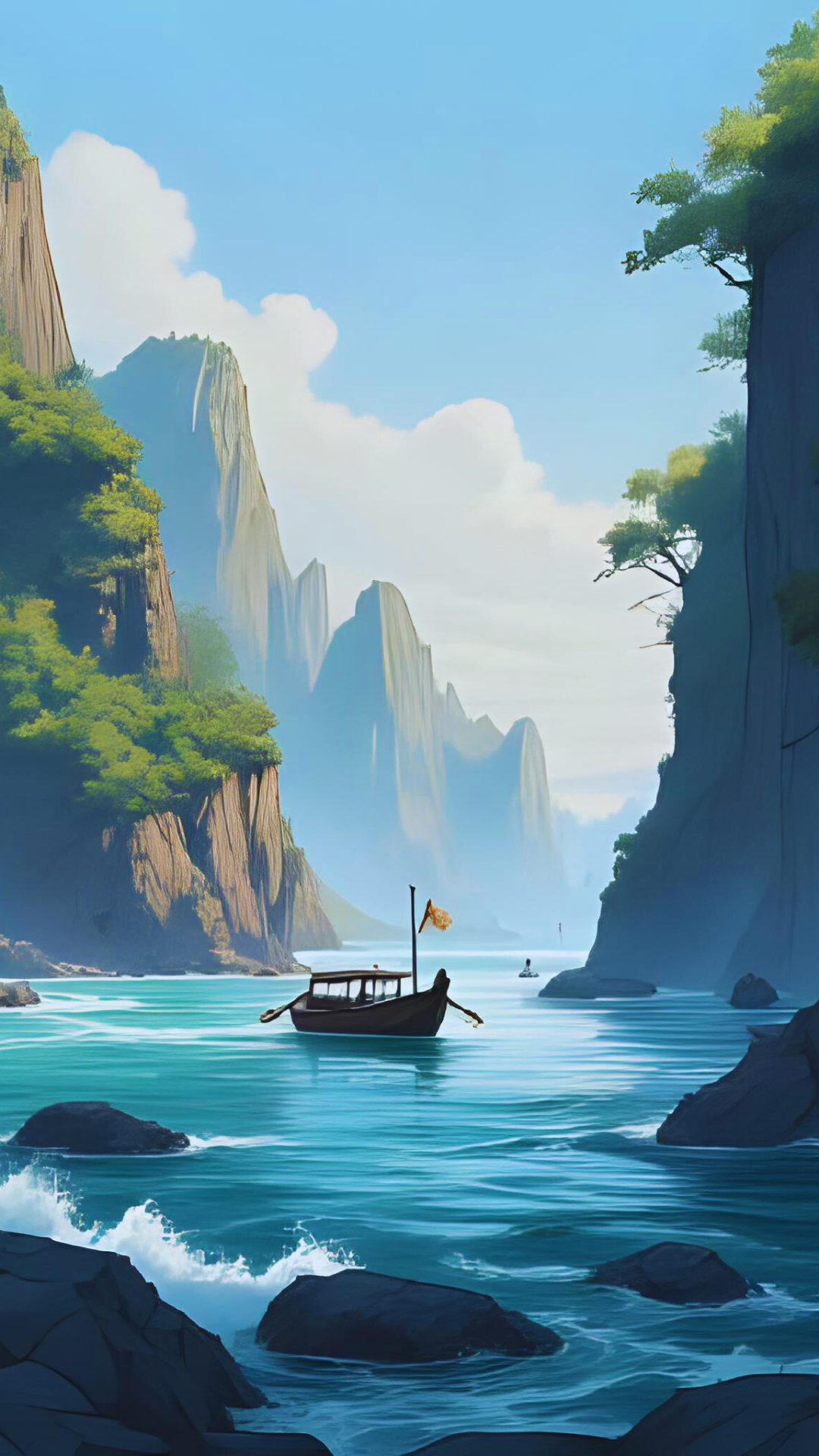 A-peaceful-tropical-morning-scene-with-soft-sunlight-glowing-through-light-mist-calm-blue-sea-lush-green-cliffs-long-tail-boats-gently-floating-quiet-and-serene-mood