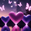 Glittery pink and purple hearts reflecting on calm water under a dark galaxy sky