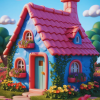 Cute clay-style cottage with a pink roof and blue walls,
