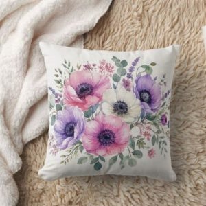 Watercolor Anemone Flower Floral Throw Pillow