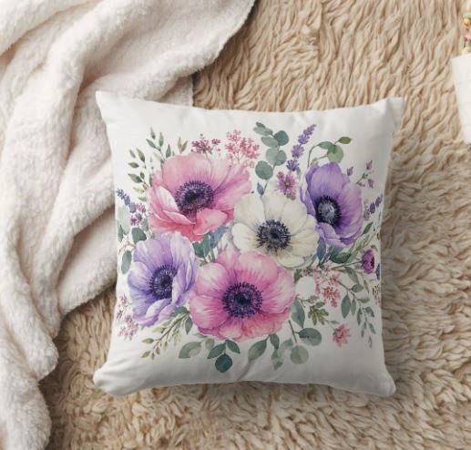 Watercolor Anemone Flower Floral Throw Pillow